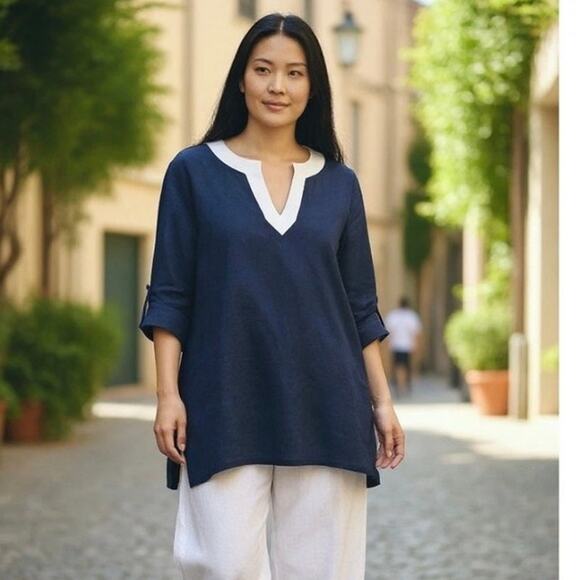 Lauren Ralph Lauren Tops - Lauren Ralph Lauren Linen Roll Tab Tunic Blouse size 2X Navy Blue White